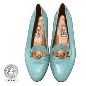gianni versace medusa medallion teal aquamarine penny loafers preppy flats 37